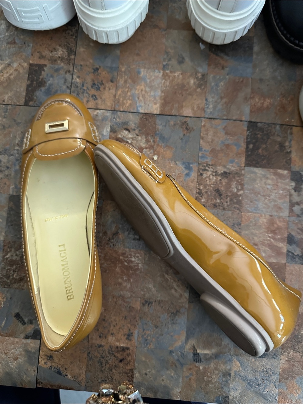 Bruno Magli Mustard Patent Loafers with Gold-Tone Accent